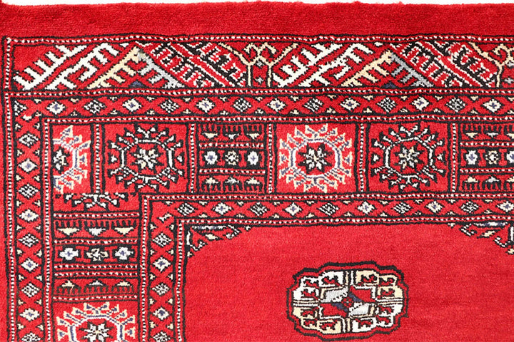 Red Pakistani Bokhara Rug 4' 1" x 5' 11" Hand-Knotted | No. QA23281
