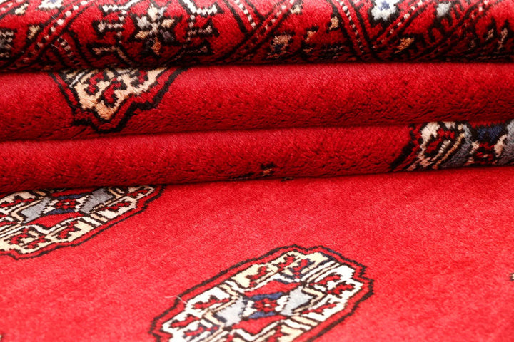 Red Pakistani Bokhara Rug 4' 1" x 5' 11" Hand-Knotted | No. QA23281