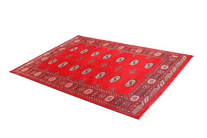 Red Pakistani Bokhara Rug 4' 1" x 5' 11" Hand-Knotted | No. QA23281
