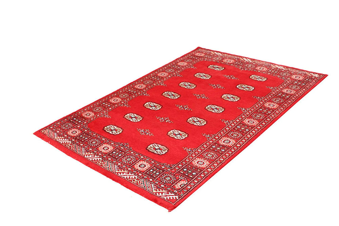 Red Pakistani Bokhara Rug 4' 1" x 5' 11" Hand-Knotted | No. QA23281