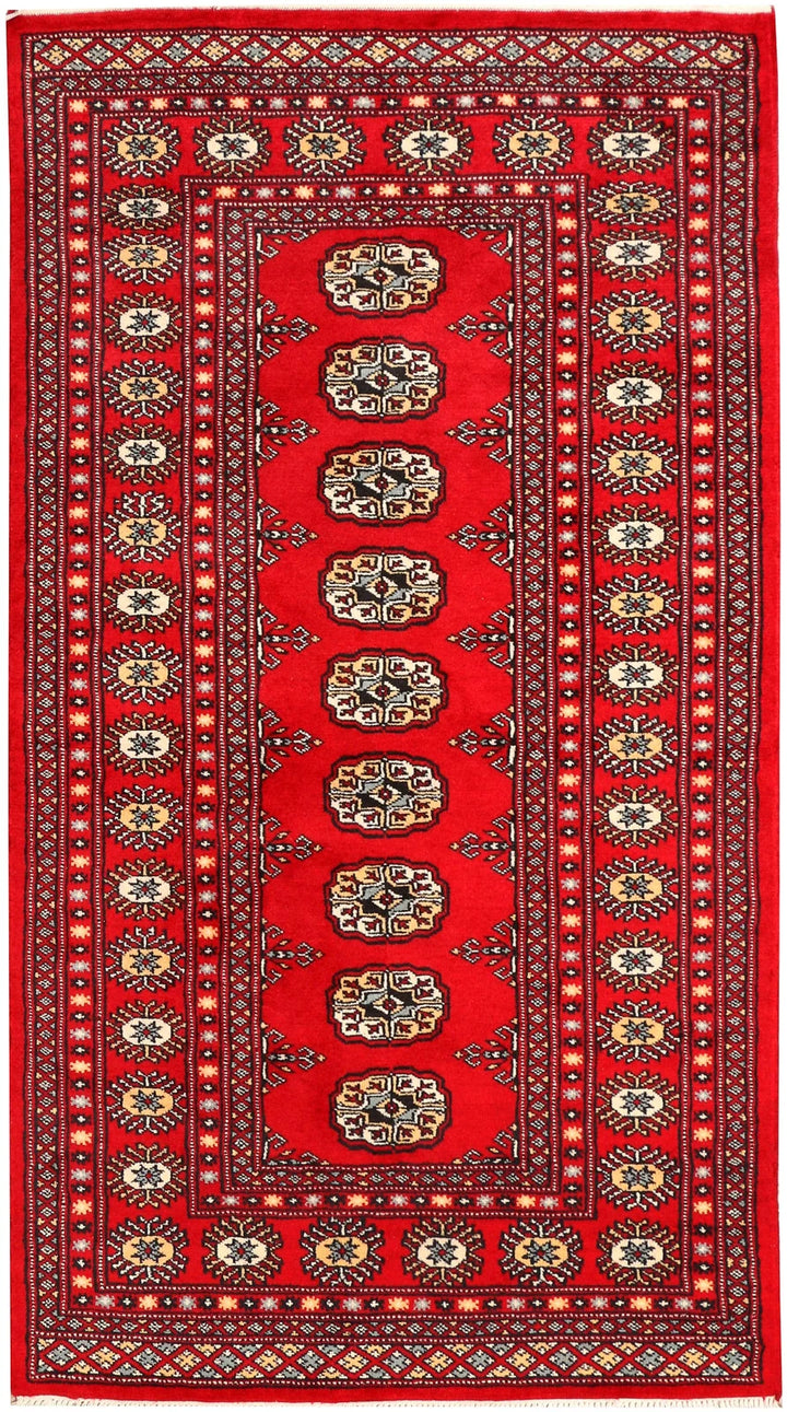Red Pakistani Bokhara Rug 3' 1" x 5' 7" Hand-Knotted | No. QA23324