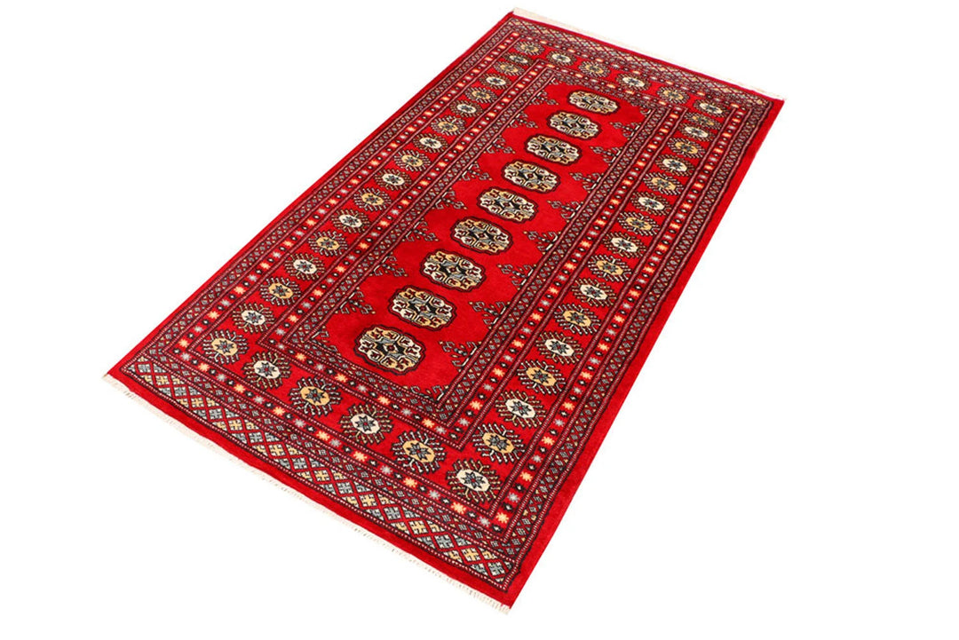 Red Pakistani Bokhara Rug 3' 1" x 5' 7" Hand-Knotted | No. QA23324
