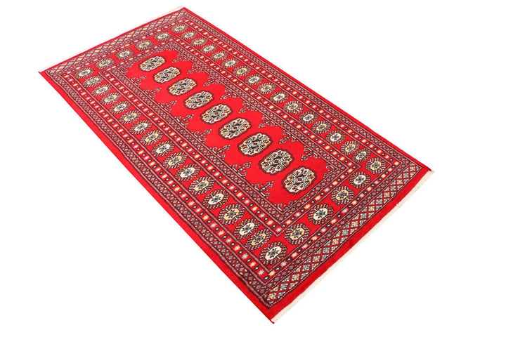 Red Pakistani Bokhara Rug 3' 1" x 5' 7" Hand-Knotted | No. QA23324