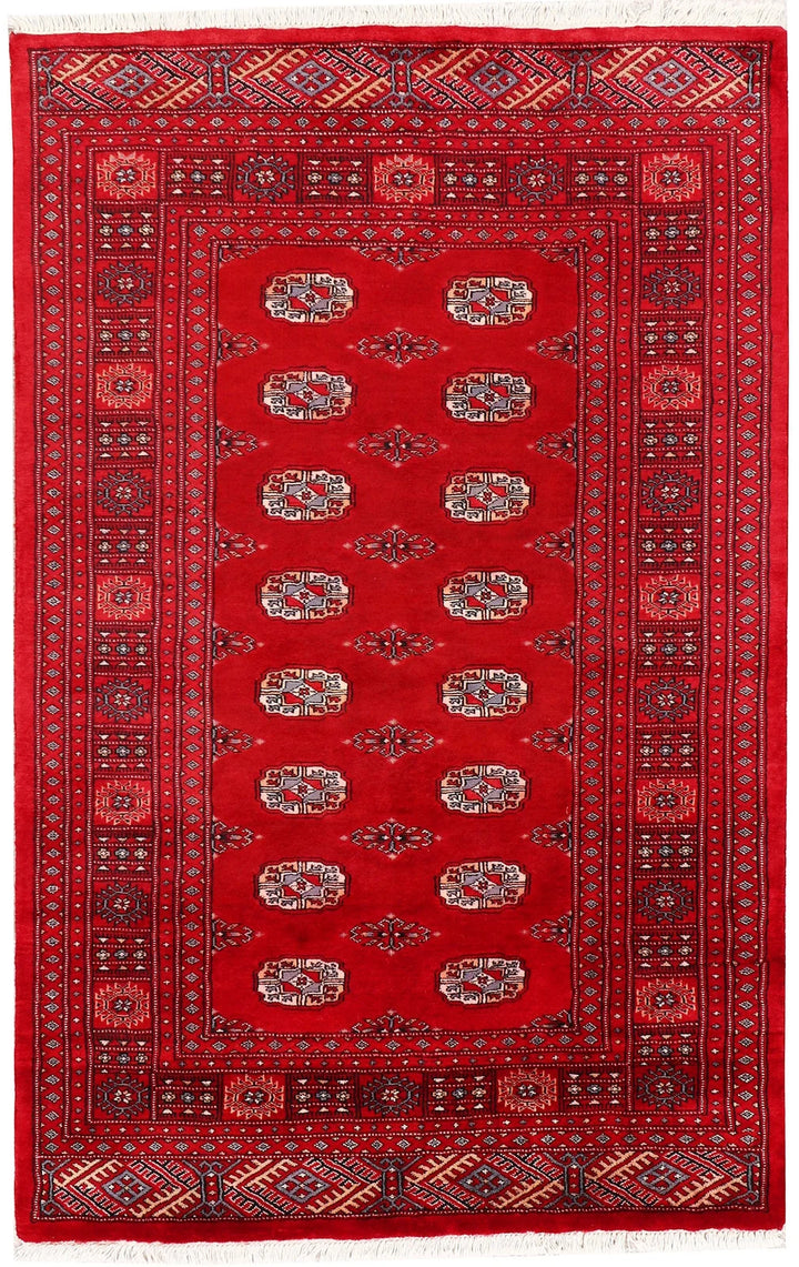 Red Pakistani Bokhara Rug 4' 1" x 6' 5" Hand-Knotted | No. QA23603