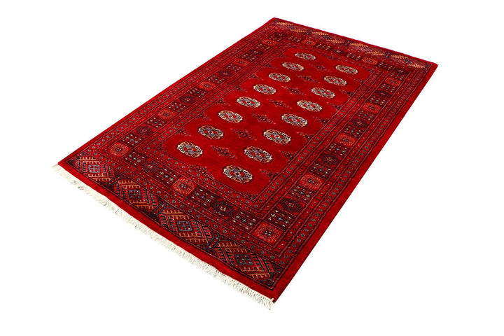 Red Pakistani Bokhara Rug 4' 1" x 6' 5" Hand-Knotted | No. QA23603
