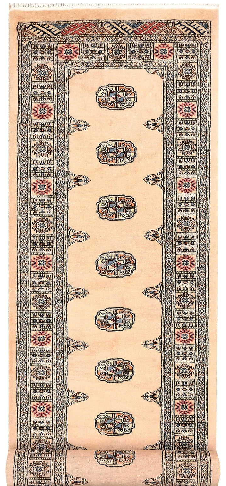 Antique White Pakistani Bokhara Rug 2' 7" x 10' 7" Hand-Knotted | No. QA24369