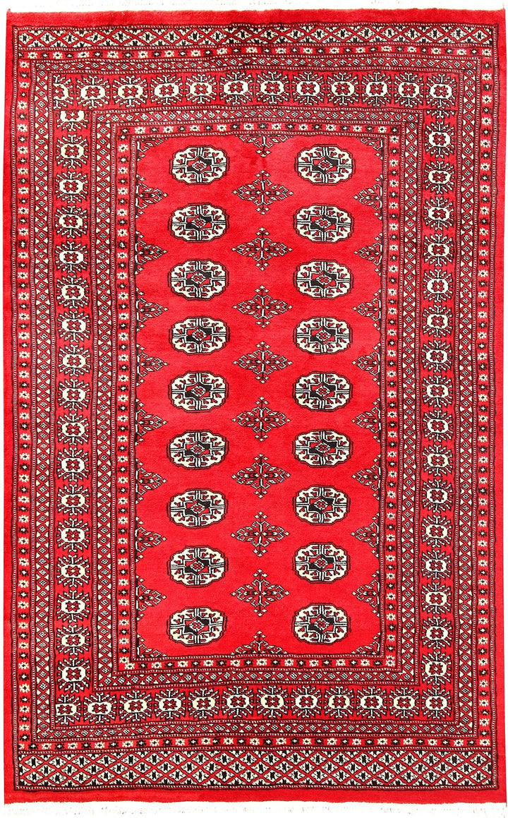 Red Pakistani Bokhara Rug 4' 2" x 6' 6" Hand-Knotted | No. QA25015