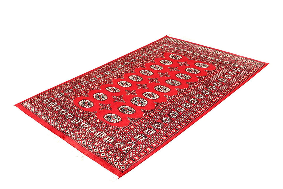 Red Pakistani Bokhara Rug 4' 2" x 6' 6" Hand-Knotted | No. QA25015