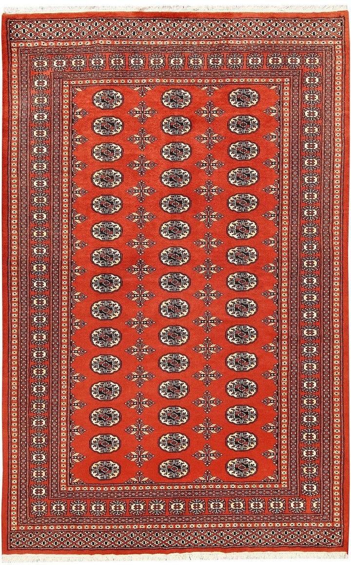Orange Red Pakistani Bokhara Rug 5' 1" x 8' 1" Hand-Knotted | No. QA26472