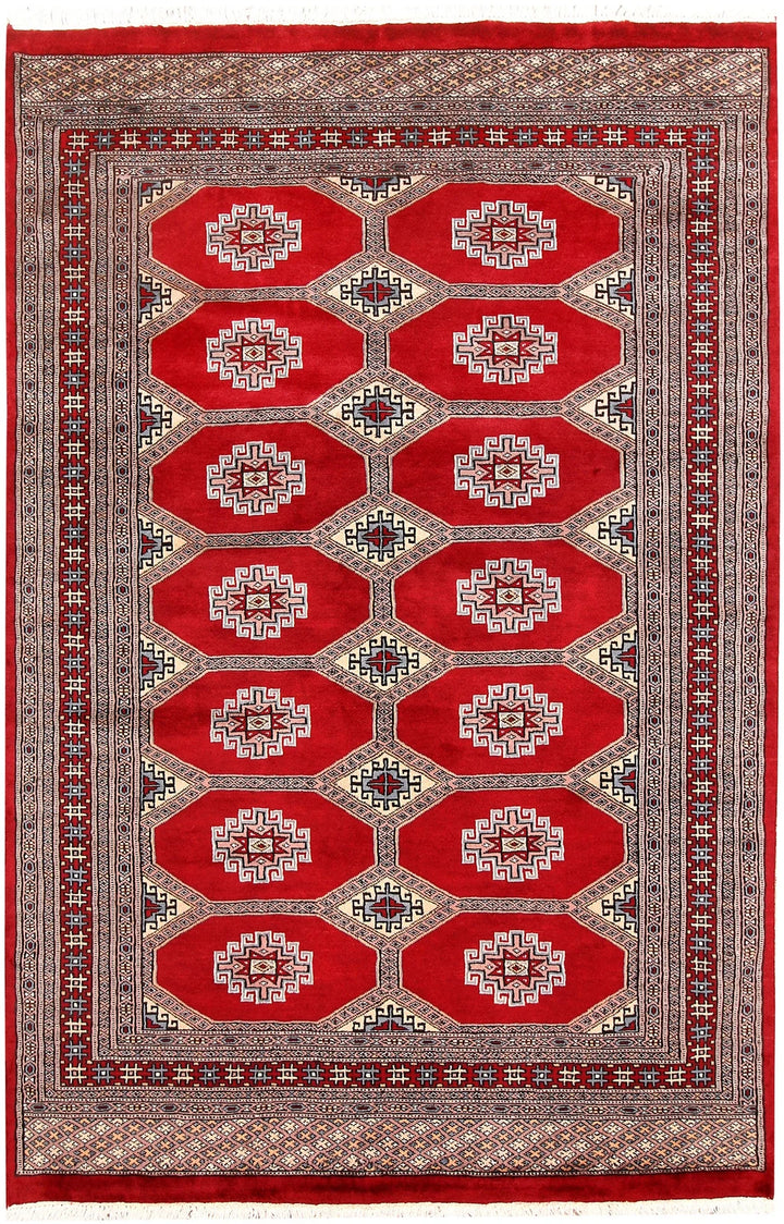 Firebrick Red Pakistani Jaldar Rug 4' 6" x 6' 11" Hand-Knotted | No. QA26800