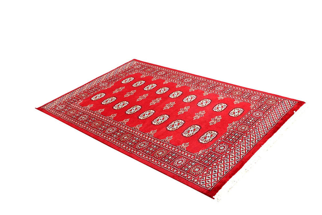 Red Pakistani Bokhara Rug 4' x 6'2" Hand-Knotted | No. QA27568