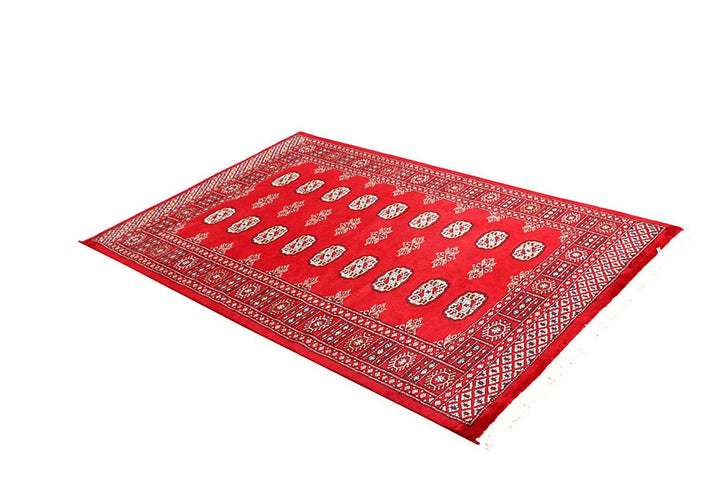 Red Pakistani Bokhara Rug 4' x 6'2" Hand-Knotted | No. QA27568
