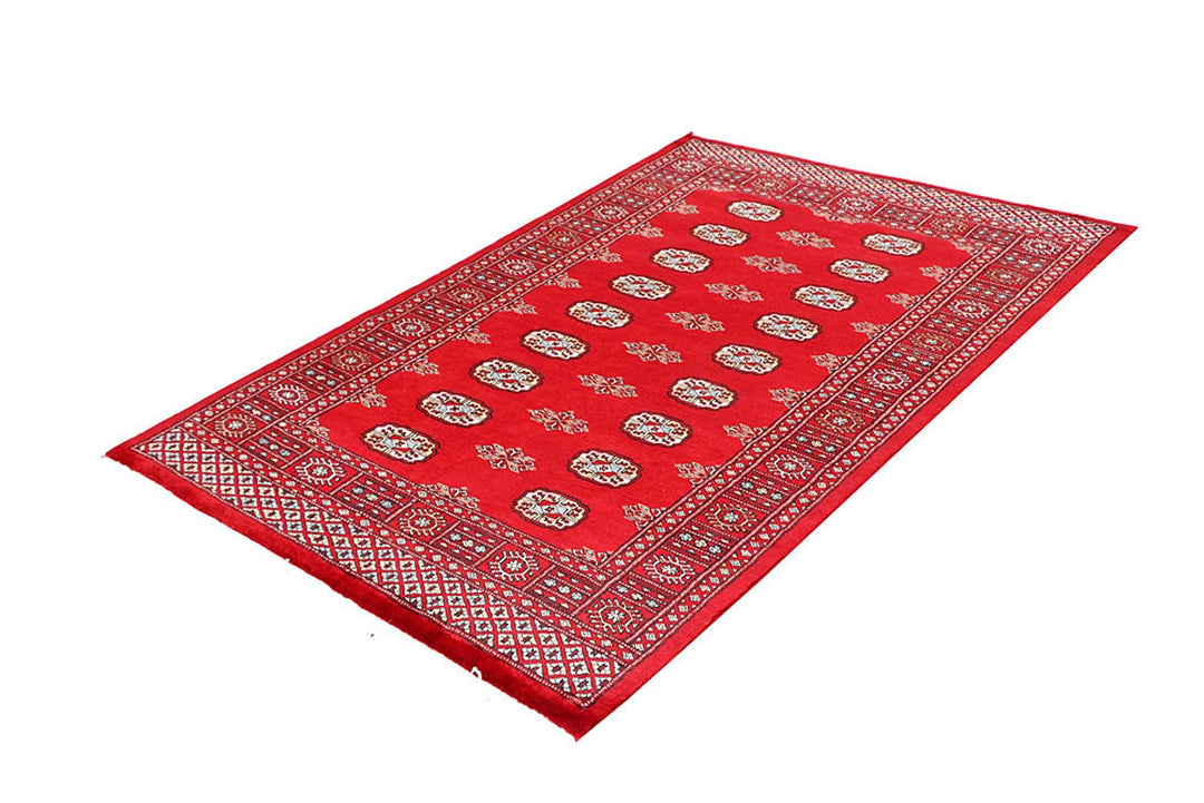Red Pakistani Bokhara Rug 4' x 6'2" Hand-Knotted | No. QA27568