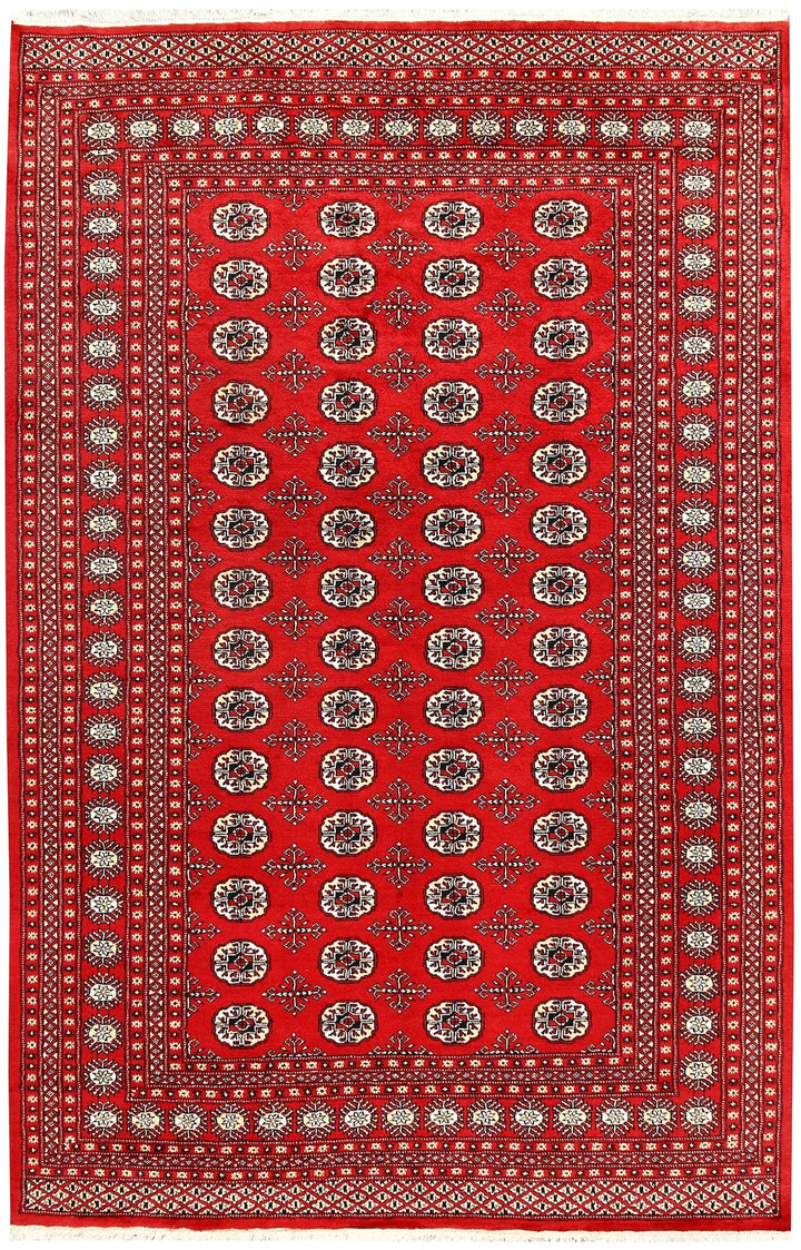 Red Pakistani Bokhara Rug 6' 1" x 9' 4" Hand-Knotted | No. QA28308