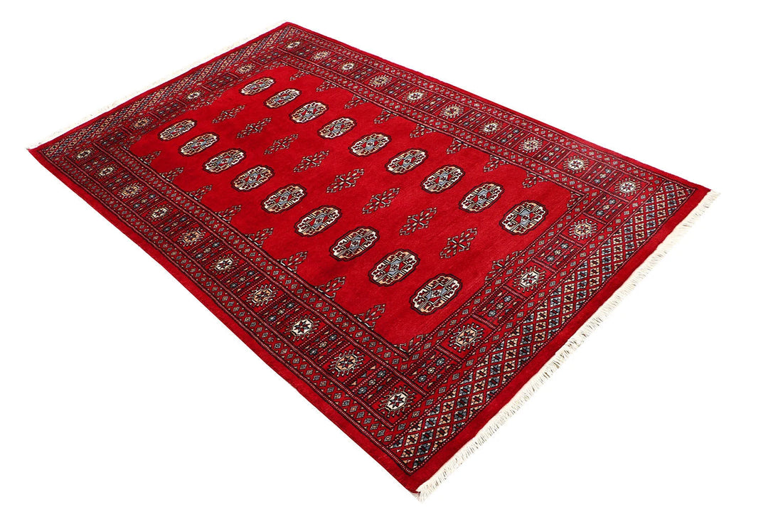 Red Pakistani Bokhara Rug 3' 11" x 6' 3" Hand-Knotted | No. QA28585