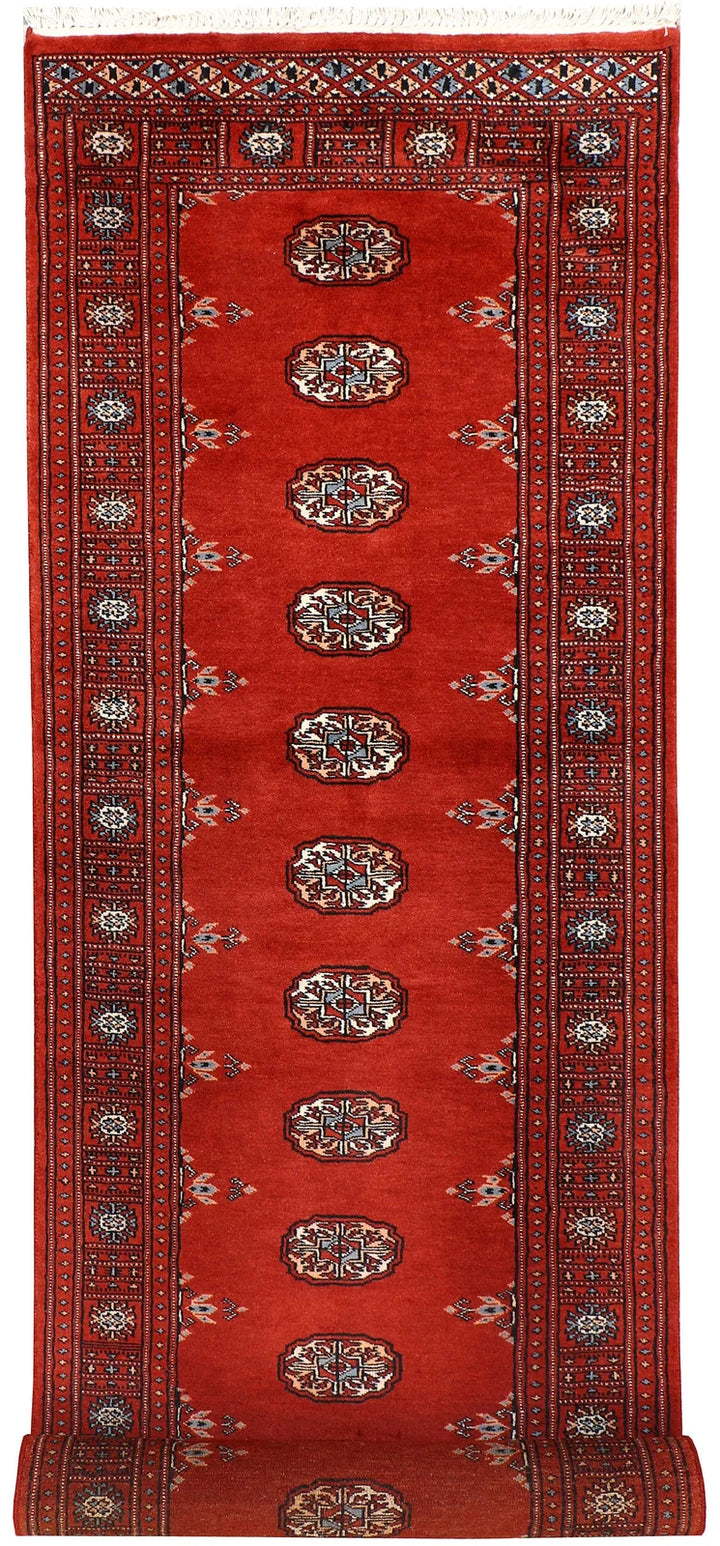 Firebrick Red Pakistani Bokhara Runner 2' 11" x 9' 10" Hand-Knotted | No. QA29470