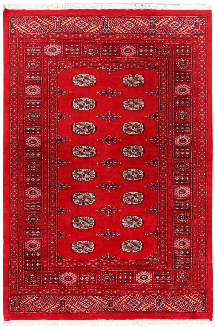 Red Pakistani Bokhara Rug 4' 1" x 6' Hand-Knotted | No. QA29601