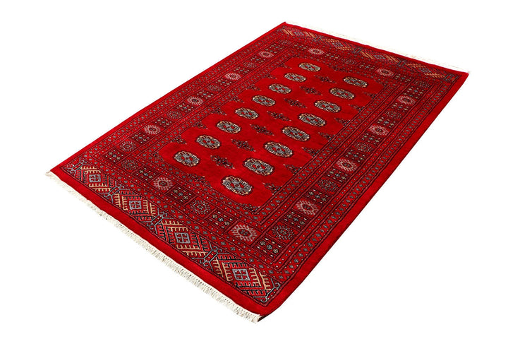 Red Pakistani Bokhara Rug 4' 1" x 6' Hand-Knotted | No. QA29601