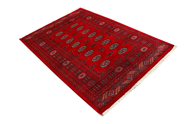 Red Pakistani Bokhara Rug 4' 1" x 6' Hand-Knotted | No. QA29601
