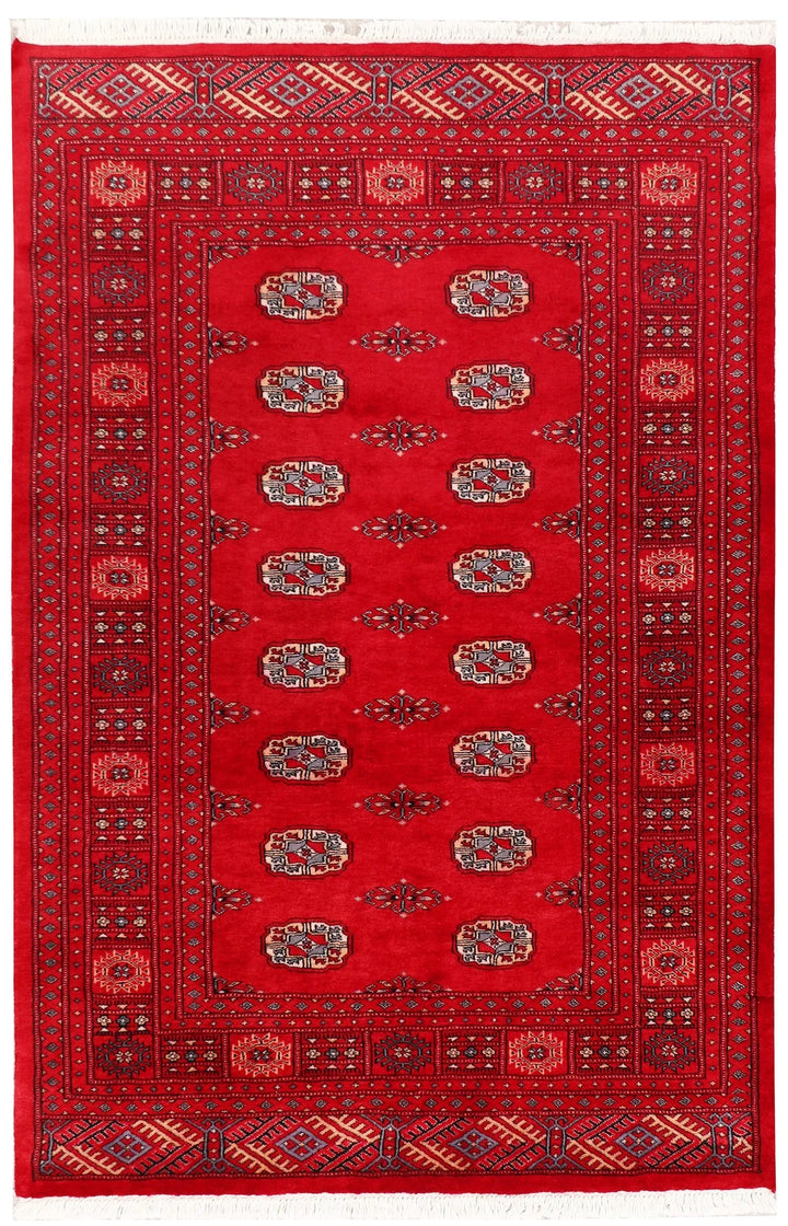 Red Pakistani Bokhara Rug 4' 2" x 6' 4" Hand-Knotted | No. QA29806