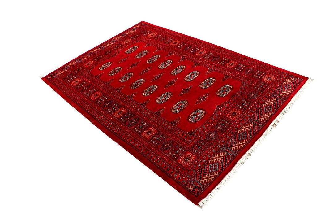 Red Pakistani Bokhara Rug 4' 2" x 6' 4" Hand-Knotted | No. QA29806