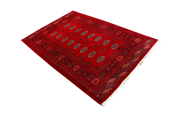 Red Pakistani Bokhara Rug 4' 2" x 6' 4" Hand-Knotted | No. QA29806