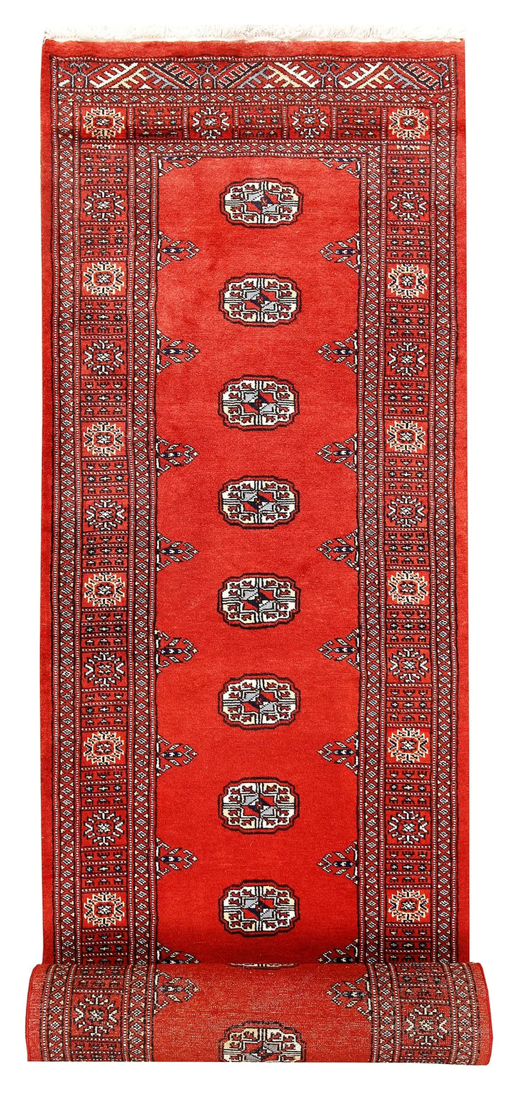 Orange Red Pakistani Bokhara Rug 2' 7" x 14' 7" Hand-Knotted | No. QA30045
