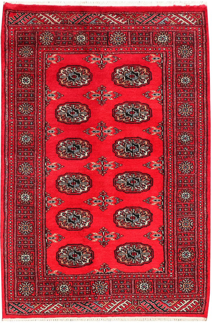 Red Bokhara Rug 3' 1" x 4' 7" Hand-Knotted | No. QA30334