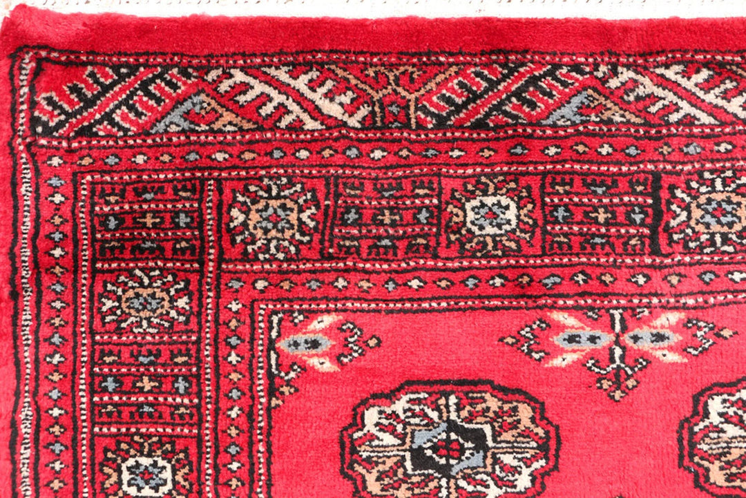 Red Bokhara Rug 3' 1" x 4' 7" Hand-Knotted | No. QA30334