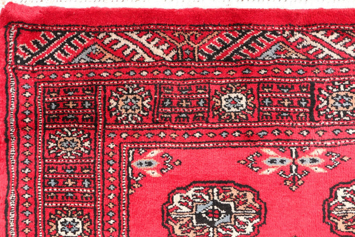 Red Bokhara Rug 3' 1" x 4' 7" Hand-Knotted | No. QA30334