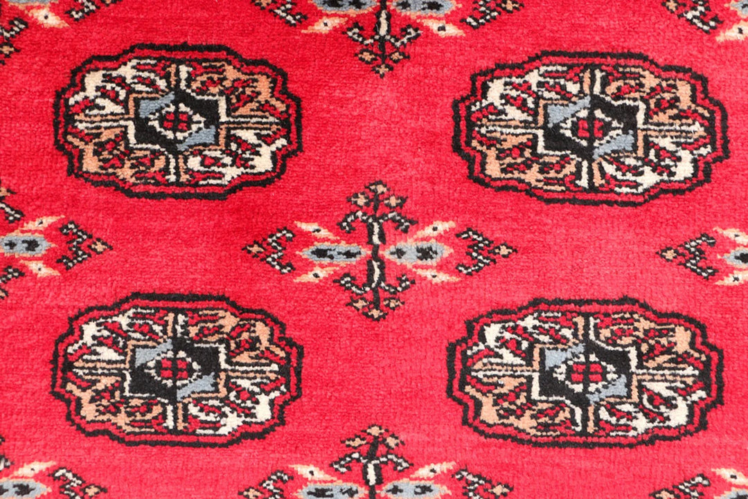 Red Bokhara Rug 3' 1" x 4' 7" Hand-Knotted | No. QA30334