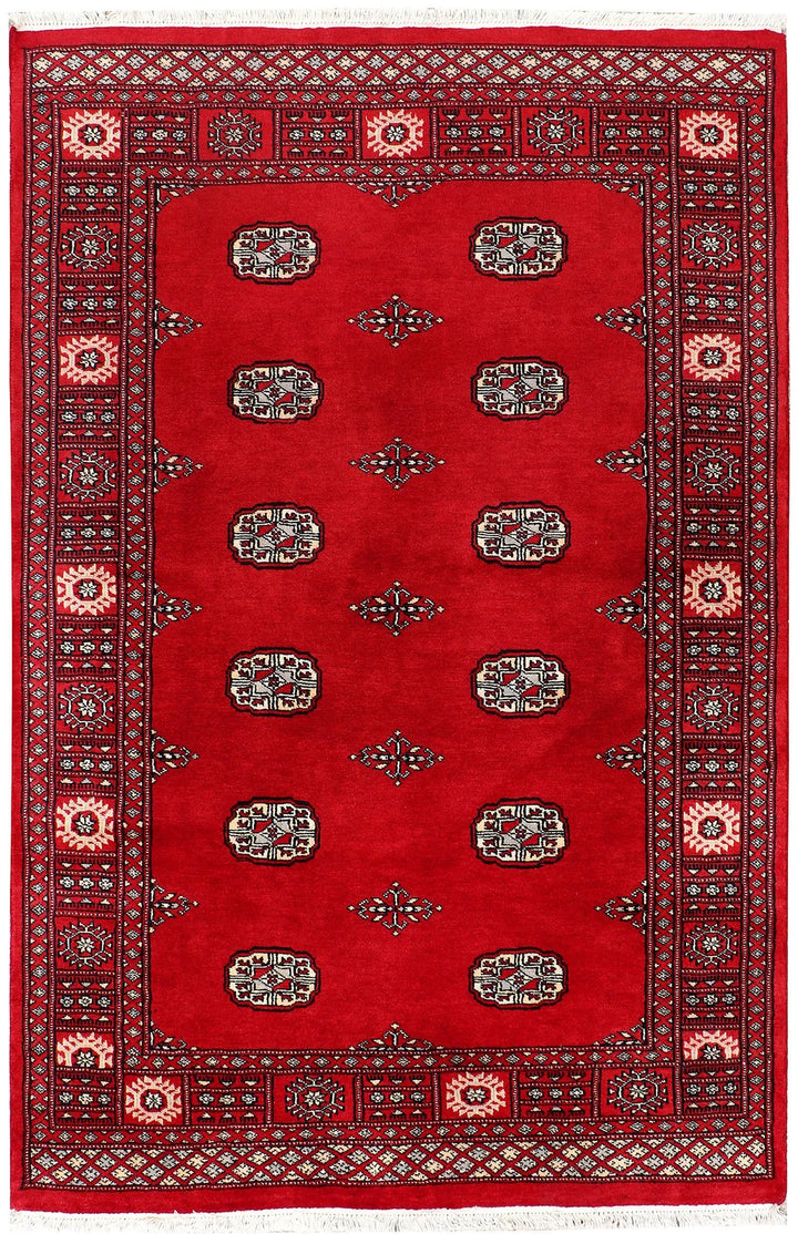 Red Pakistani Bokhara Rug 4' x 6'2" Hand-Knotted | No. QA30492