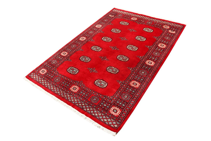 Red Pakistani Bokhara Rug 4' x 6'2" Hand-Knotted | No. QA30492
