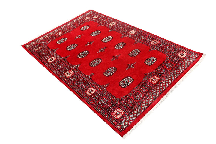 Red Pakistani Bokhara Rug 4' x 6'2" Hand-Knotted | No. QA30492