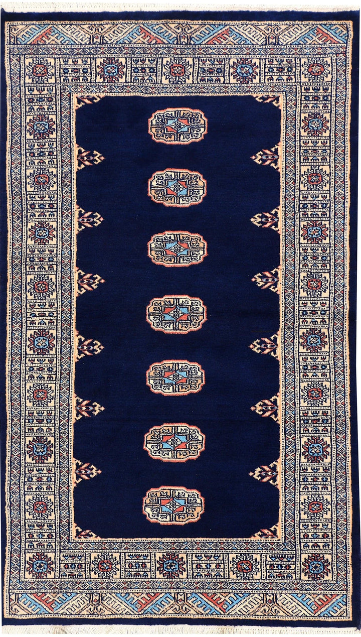 Midnight Blue Bokhara Rug 3' 1" x 5' 2" Hand-Knotted | No. QA30566
