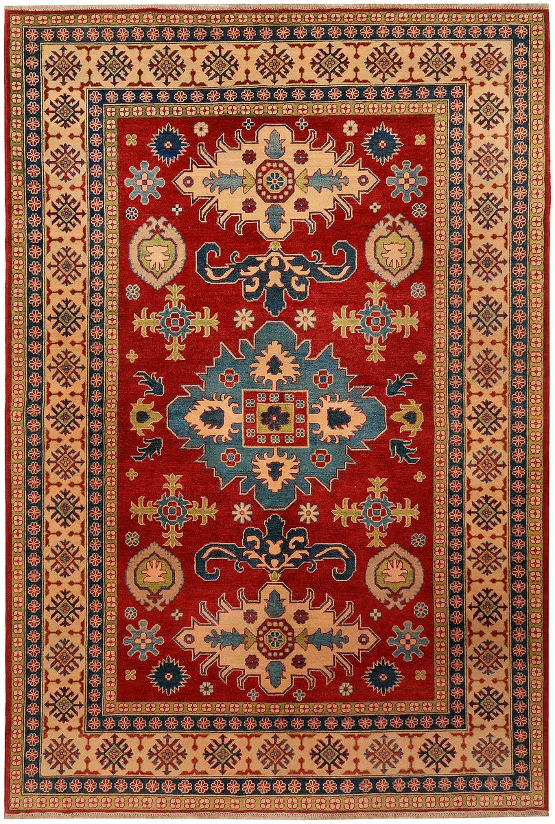 Red Afghan Kazak Rug 6' 7" x 9' 9" Hand-Knotted | No. QA30645