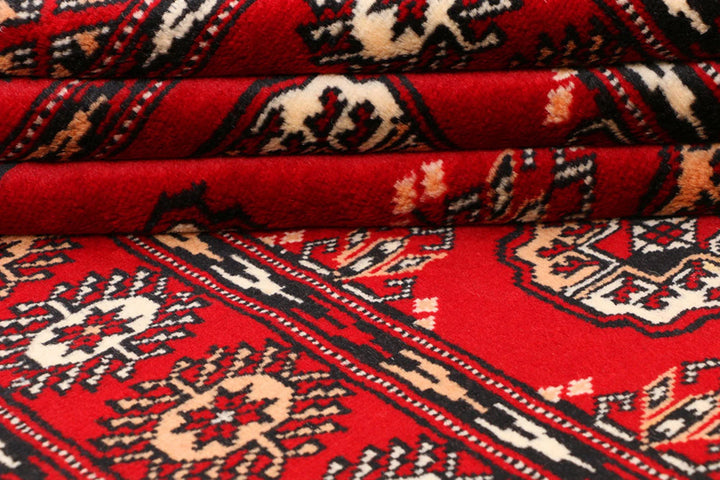 Red Pakistani Bokhara Rug 3' 1" x 6' Hand-Knotted | No. QA32071
