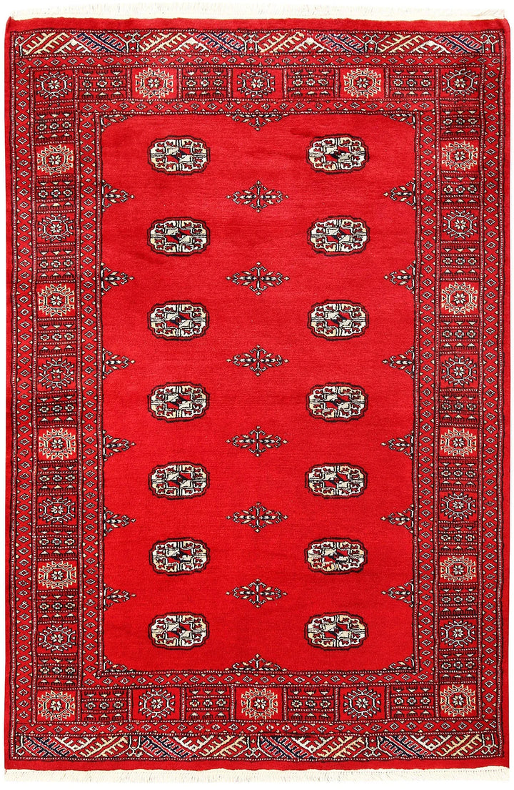 Red Pakistani Bokhara Rug 4' 2" x 6' 1" Hand-Knotted | No. QA32084