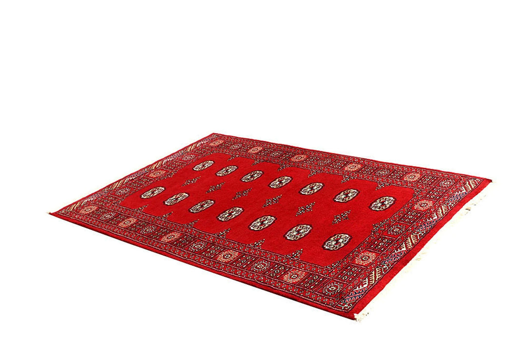 Red Pakistani Bokhara Rug 4' 2" x 6' 1" Hand-Knotted | No. QA32084