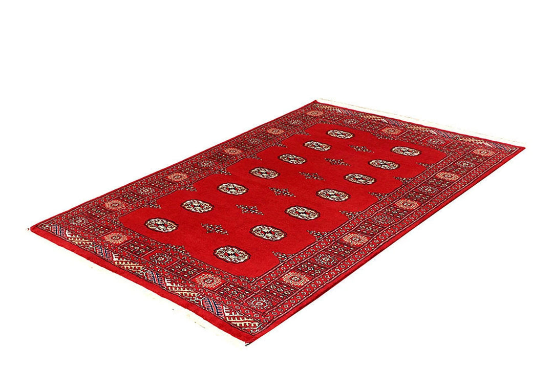 Red Pakistani Bokhara Rug 4' 2" x 6' 1" Hand-Knotted | No. QA32084