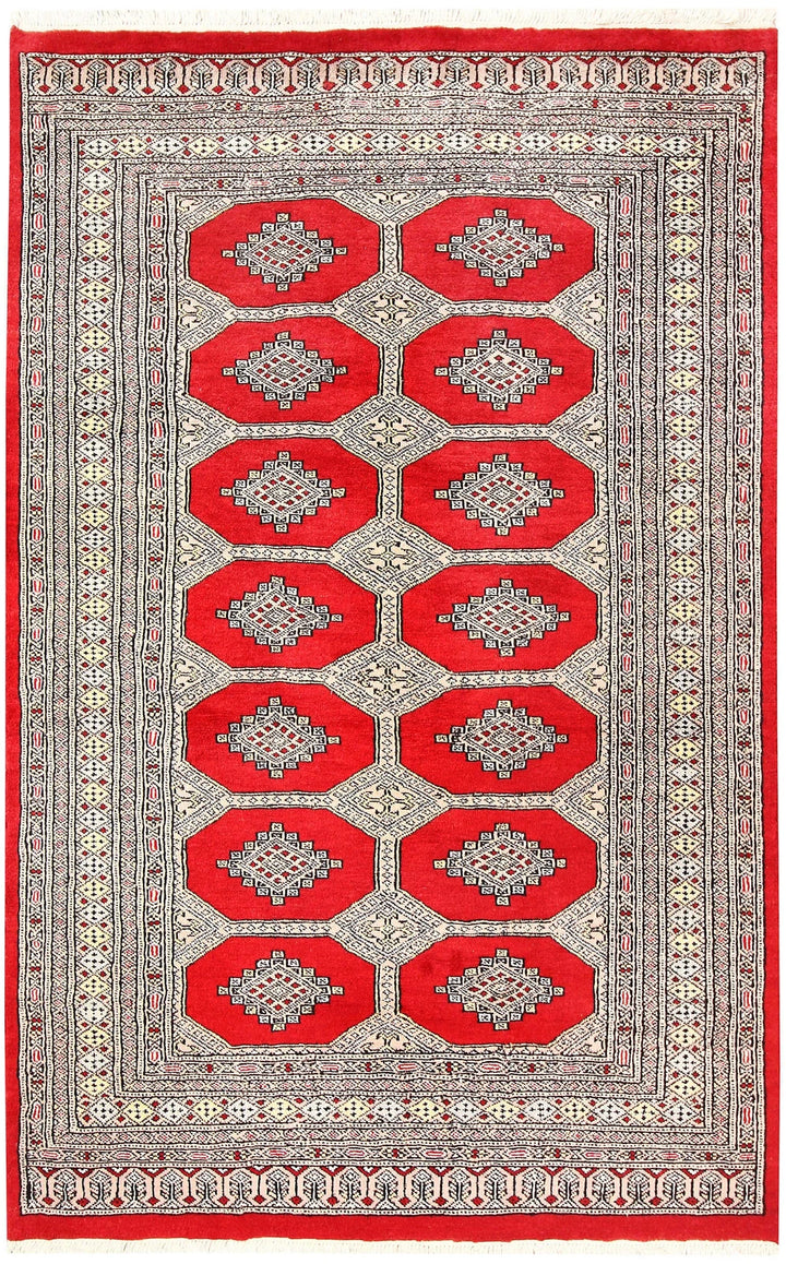 Red Pakistani Jaldar Rug 4' 2" x 6' 5" Hand-Knotted | No. QA32314