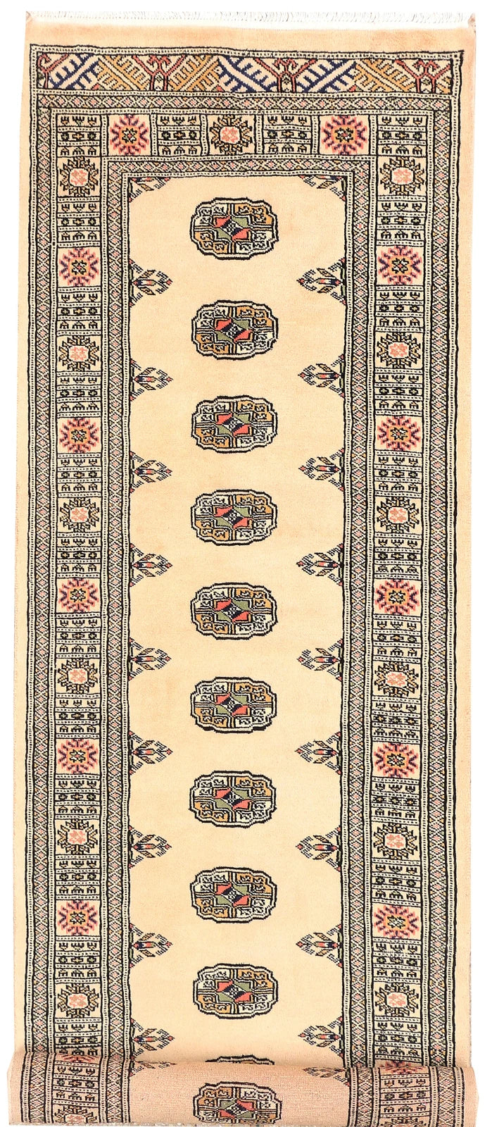 Antique White Pakistani Bokhara Rug 2' 7" x 8' 9" Hand-Knotted | No. QA33716