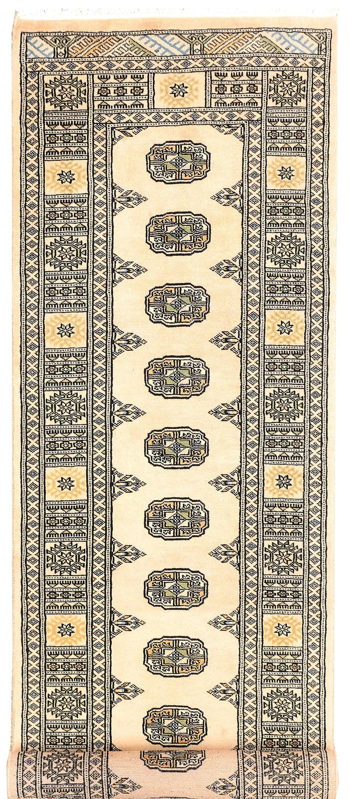 Antique White Pakistani Bokhara Rug 2' 6" x 9' Hand-Knotted | No. QA34319