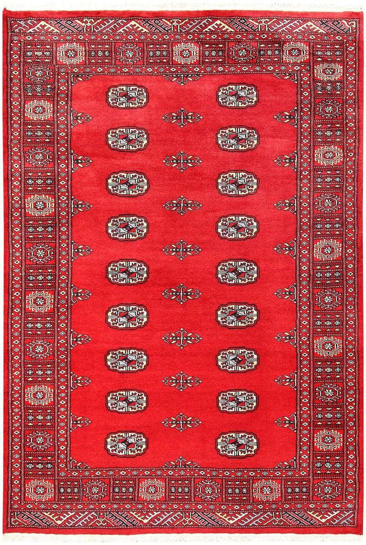 Red Pakistani Bokhara Rug 4' 2" x 6' Hand-Knotted | No. QA34386