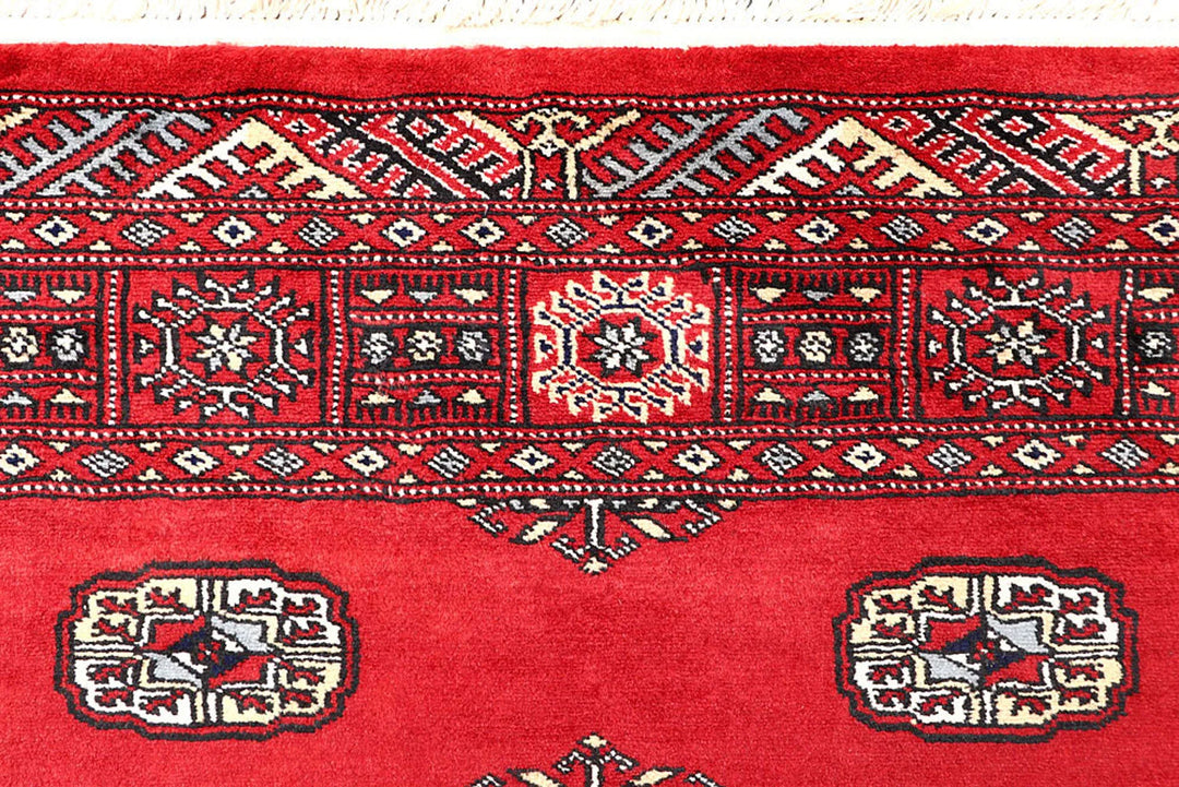 Red Pakistani Bokhara Rug 4' 2" x 6' Hand-Knotted | No. QA34386