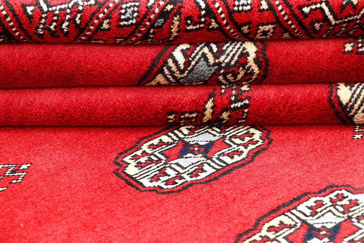 Red Pakistani Bokhara Rug 4' 2" x 6' Hand-Knotted | No. QA34386
