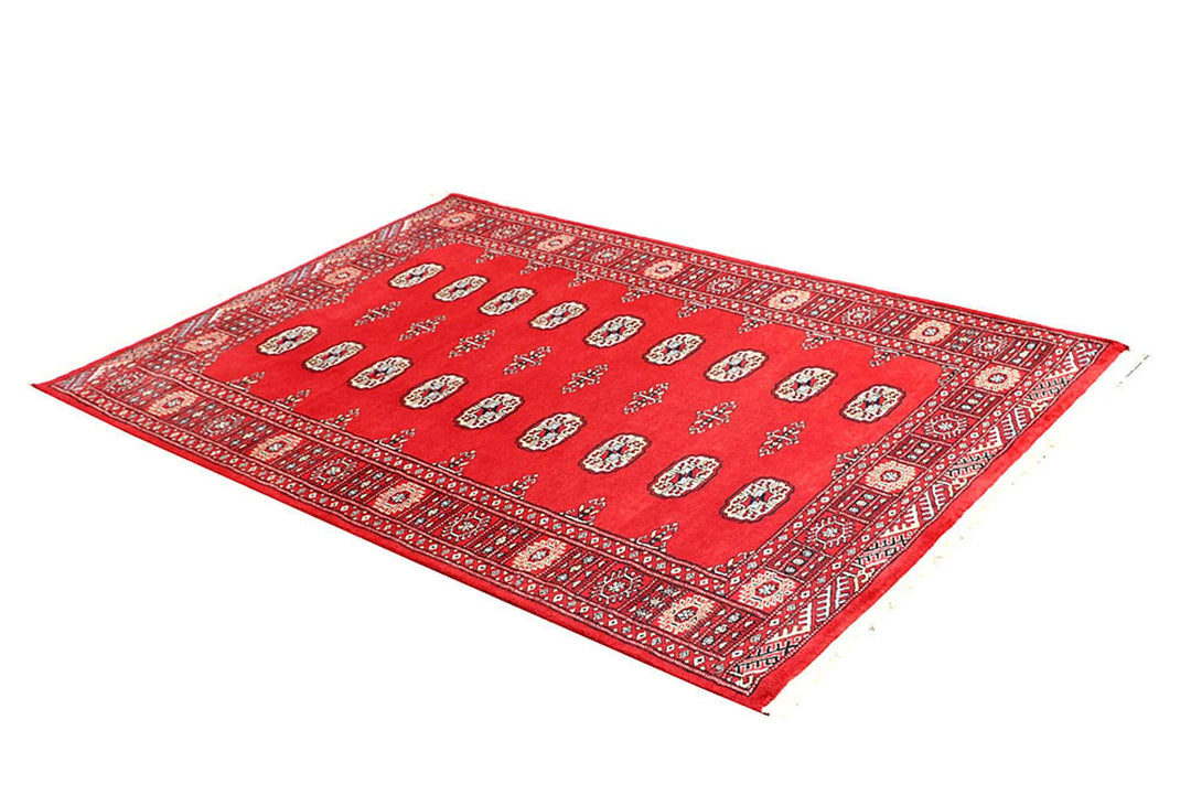 Red Pakistani Bokhara Rug 4' 2" x 6' Hand-Knotted | No. QA34386