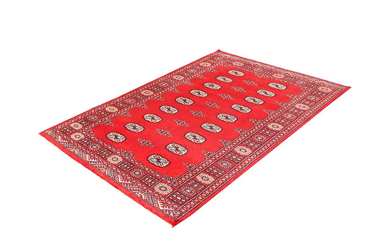Red Pakistani Bokhara Rug 4' 2" x 6' Hand-Knotted | No. QA34386
