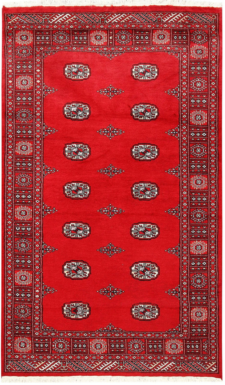 Red Pakistani Bokhara Rug 4' 1" x 6' 9" Hand-Knotted | No. QA34448