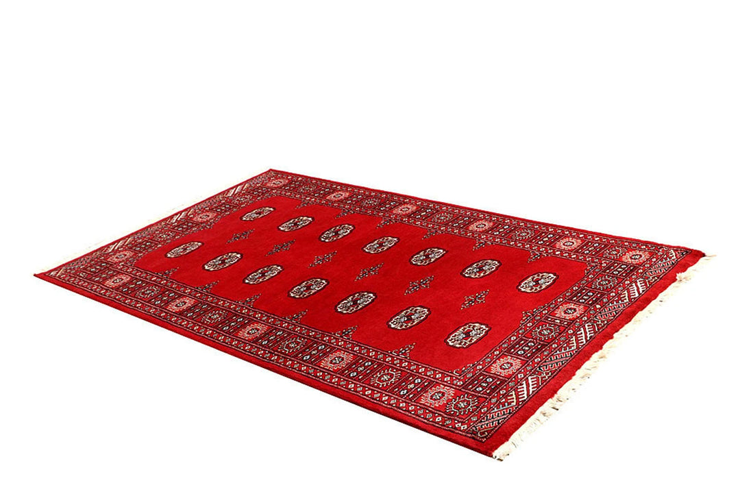 Red Pakistani Bokhara Rug 4' 1" x 6' 9" Hand-Knotted | No. QA34448